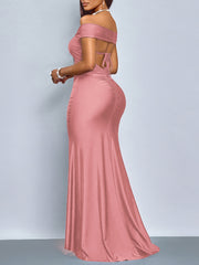 Women's Off-the-Shoulder Bodycon Evening Dress - Solid Color with Side Slit, Machine Washable Lightweight Formal Party Dress for All Seasons, Allseason Attire, Elegant Design