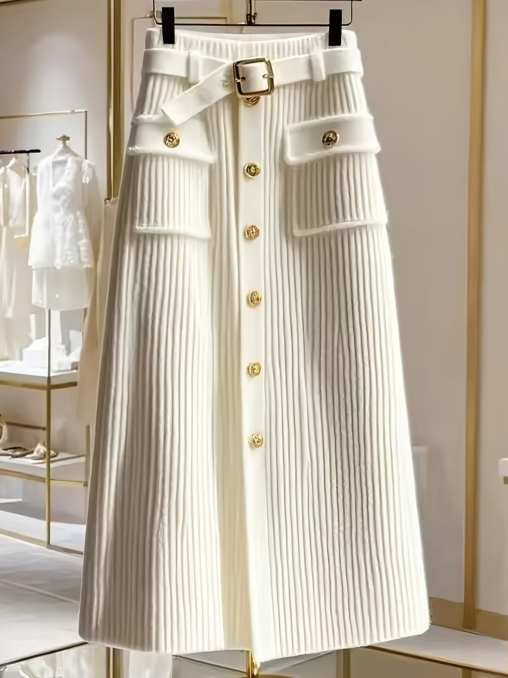 White midi skirt by SHOWLU FASHION STORE featuring a high-waisted, knit design with an elegant, stylish silhouette.