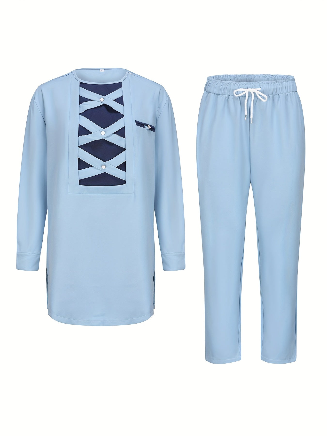 SHOWLU Men's two-piece patchwork suit with casual crew neck shirt, stylish and comfortable for everyday wear.