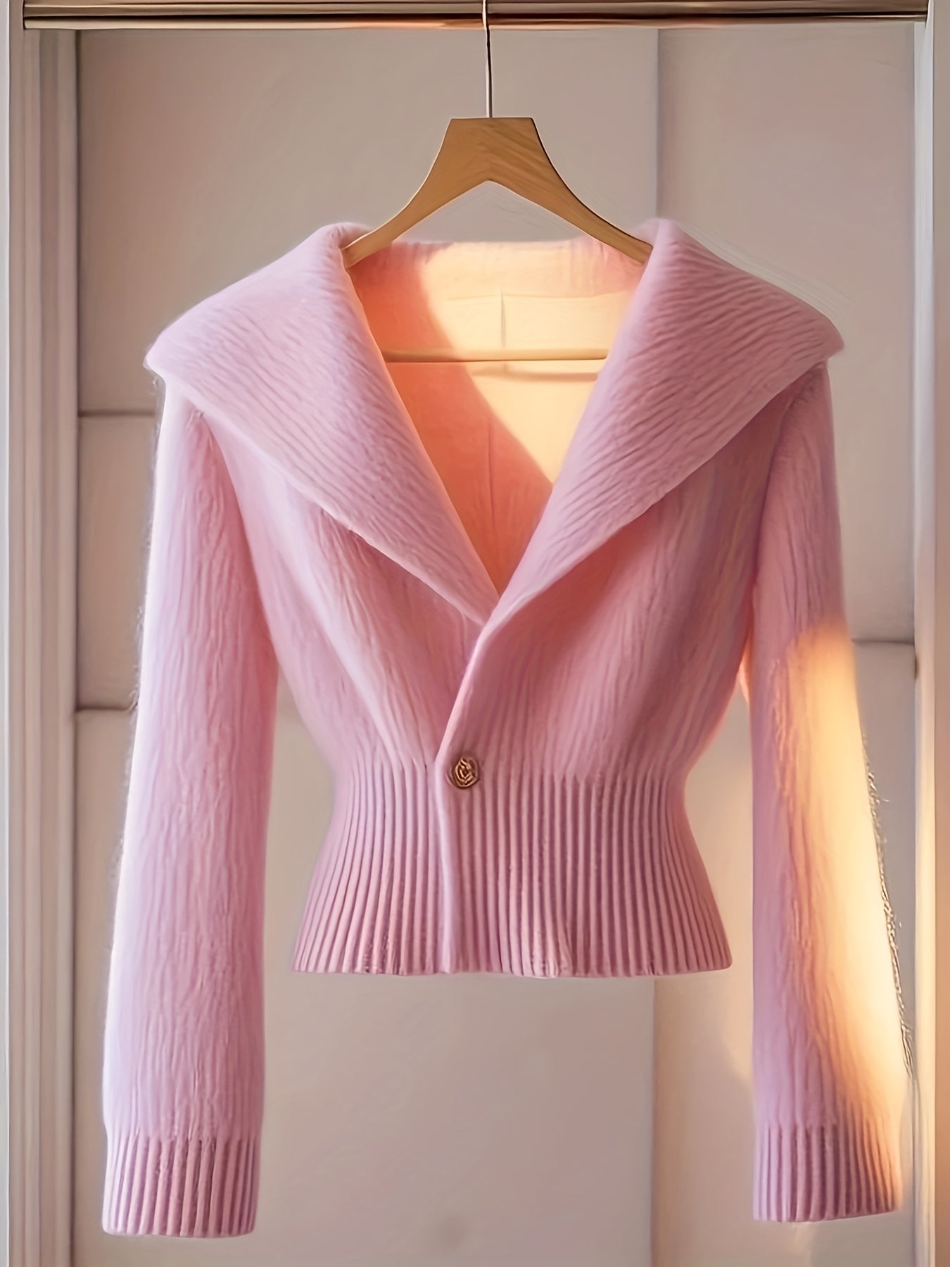 Pink dopamine knit cardigan with V-neck and long sleeves from SHOWLU FASHION, featuring a cozy, stylish design.
