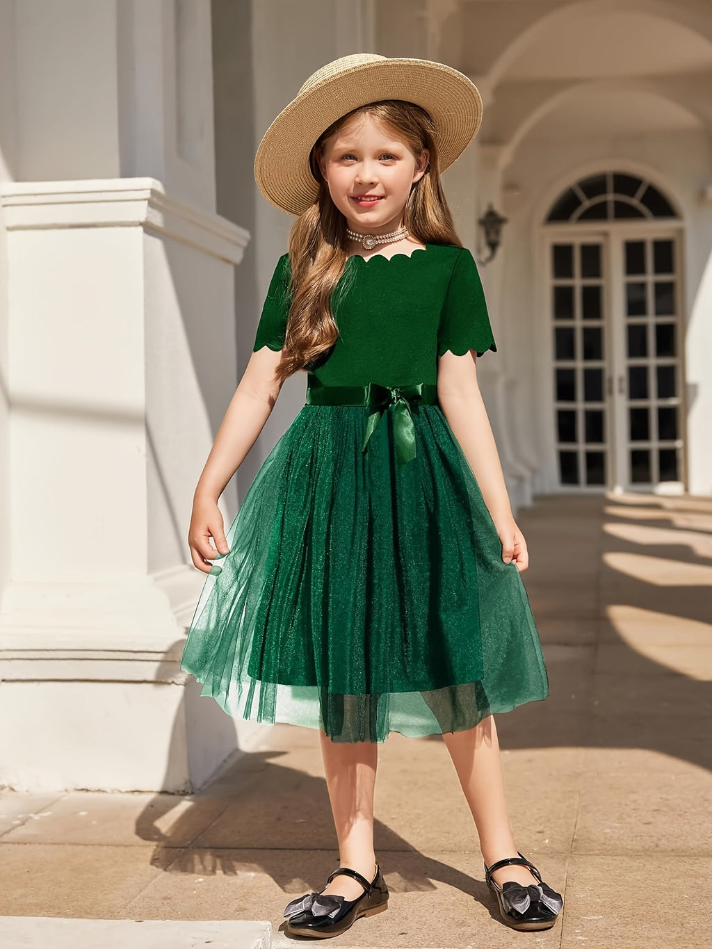 SHOWLU Girls flower party dress with summer tutu, fit and flare style, size 3-11, featuring colorful floral embellishments.