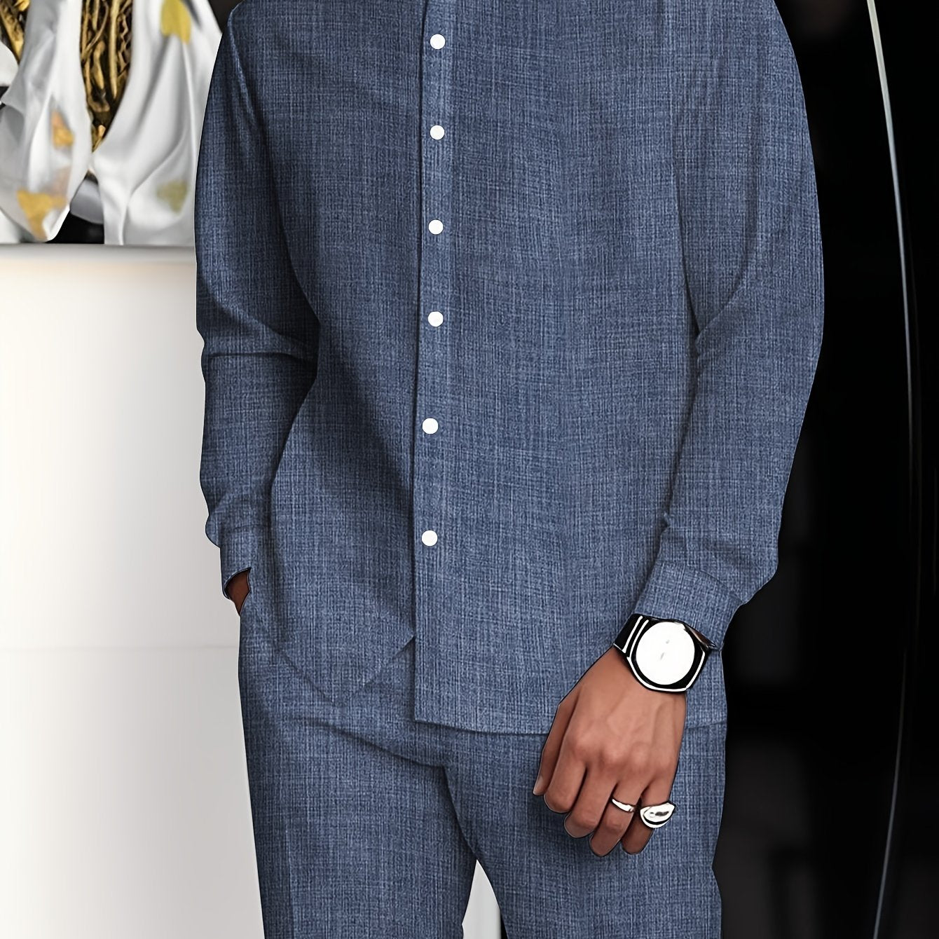 Men's minimalist business suit by SHOWLU FASHION STORE, solid stand collar 2-piece set with tailored blazer and matching trousers.