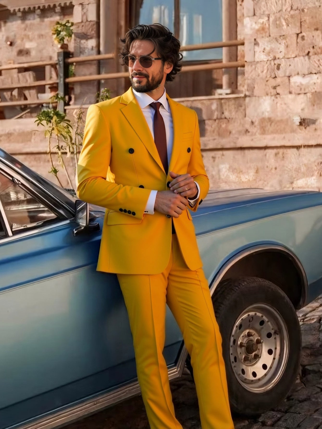 SHOWLU men's double-breasted slim fit tuxedo suit with peak lapel, stylish formal attire for elegant occasions.