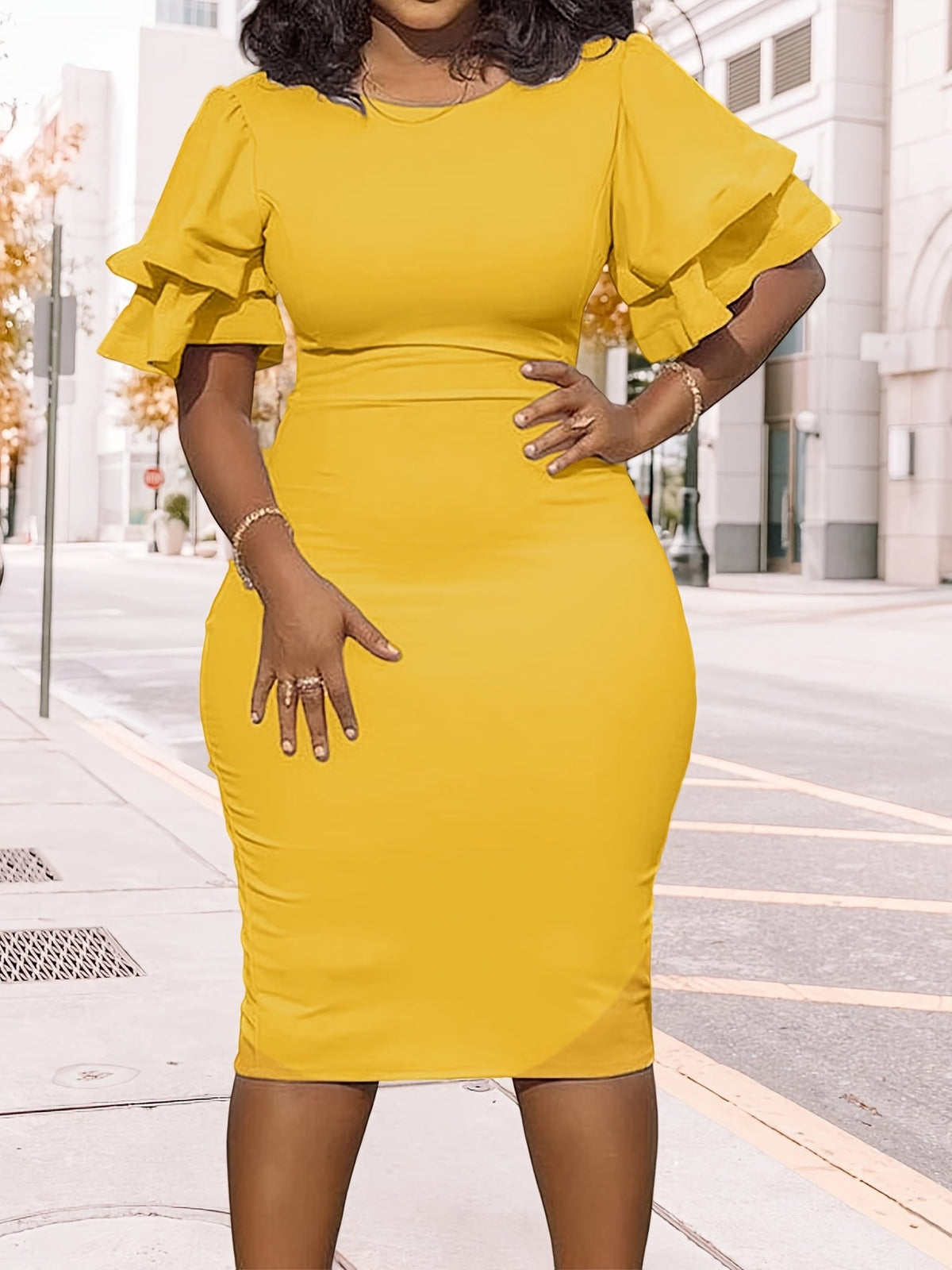 SHOWLU FASHION women's ruffle sleeve bodycon midi dress with a sleek pencil silhouette, perfect for parties.