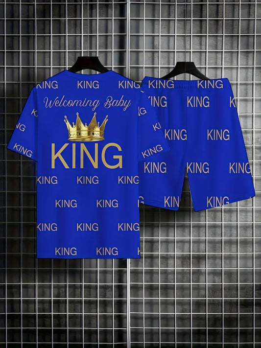 2pcs Men's "KING" Alphabet Print Summer Outfit Set, Men's Short Sleeve Crew Neck T-shirt & Elastic Waist Shorts with Pockets