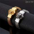 Showlu 2-piece lion head bracelets in 18K gold plated stainless steel, featuring detailed lion head designs on each bracelet.