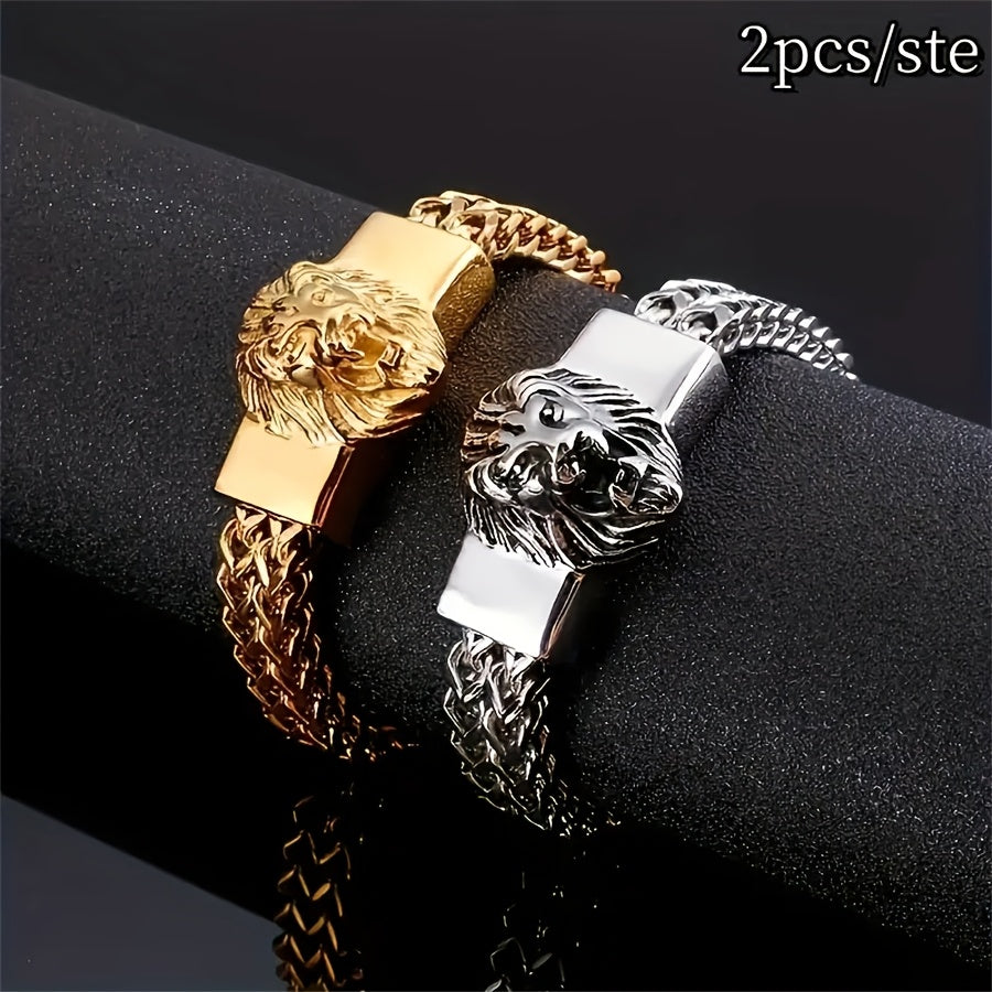 Showlu 2-piece lion head bracelets in 18K gold plated stainless steel, featuring detailed lion head designs on each bracelet.