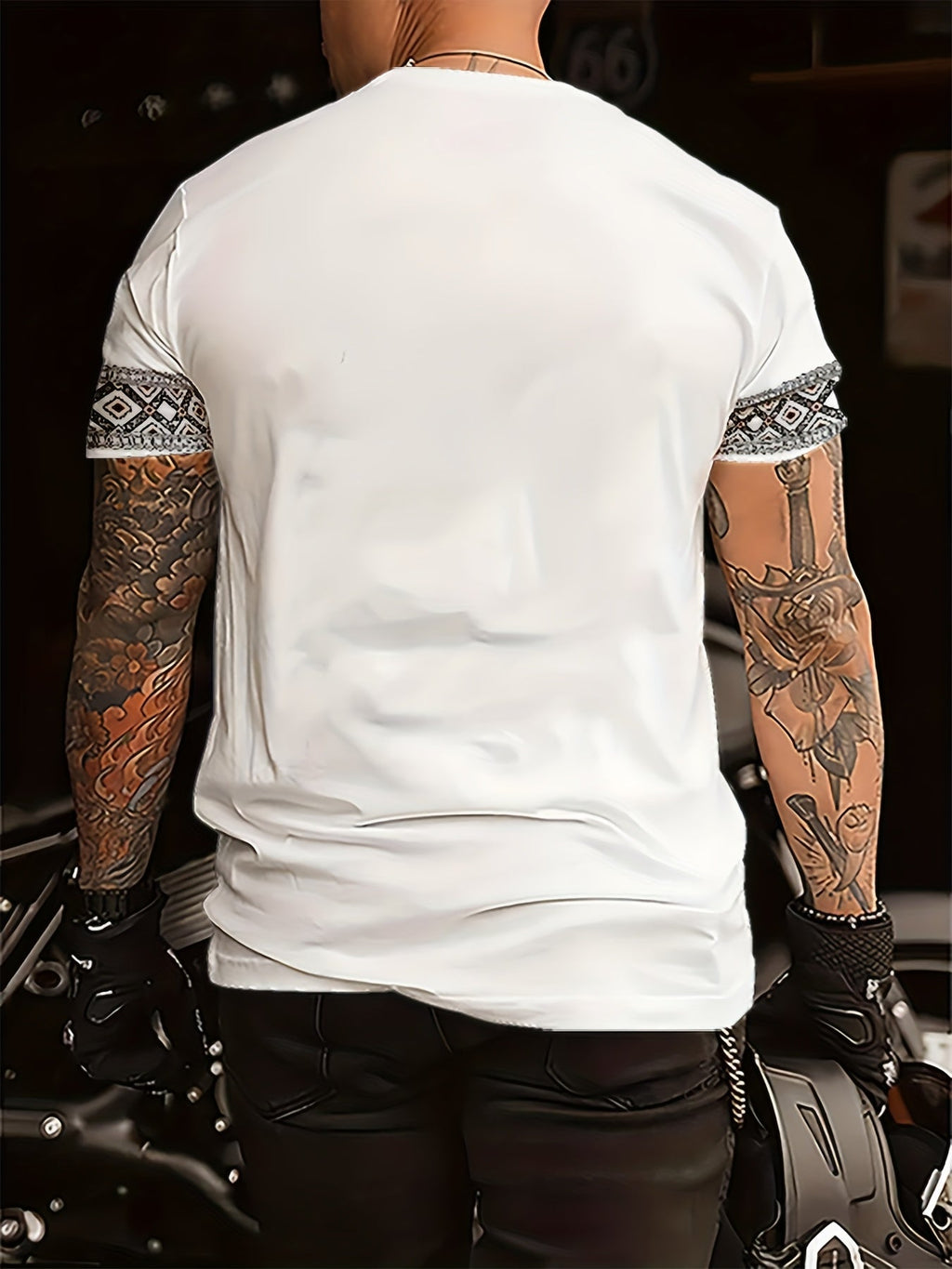 SHOWLU FASHION men's tribal geometric print polyester crew neck T-shirt with bold pattern and vibrant colors on a white background.