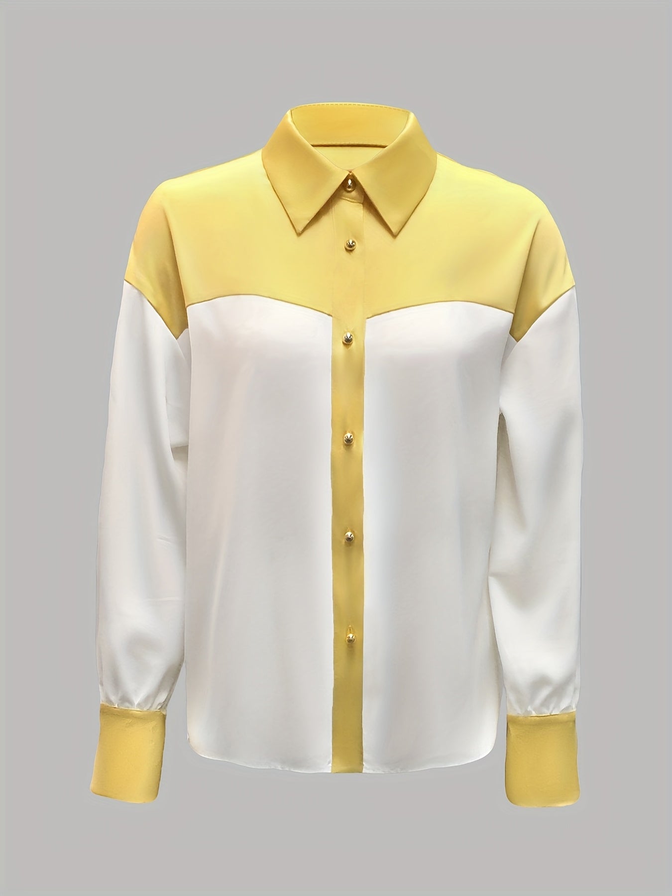 SHOWLU Women's color block button-front blouse in yellow and white, featuring a stylish and modern design.