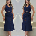 Women's navy blue V-neck midi dress with belted waist by SHOWLU FASHION, showcasing a stylish, fitted silhouette and elegant design.