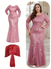 Elegant Plus Size Sequin Embroidered Mermaid Hem Dress with Matching Shawl - Long Sleeve, Crew Neck, Floral Pattern, Beige/Golden & Red Options, Perfect for Weddings, Proms, and Formal Events, Elegant Event Clothing | Glamoro SHOWLU FASHION STORE