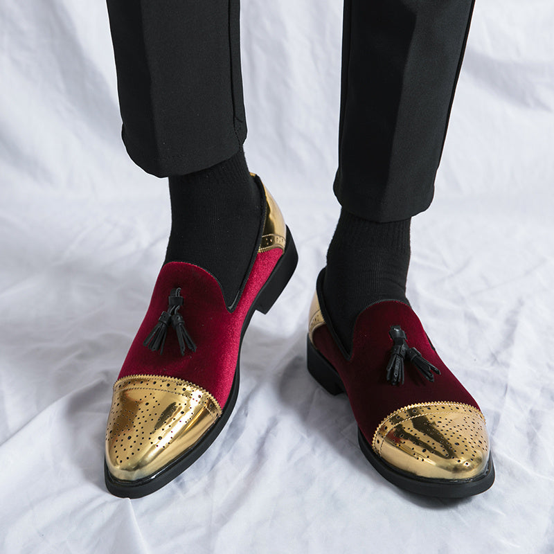 Men's green and golden SHOWLU brogue loafers, slip-on formal dress shoes with intricate detailing and polished leather finish.