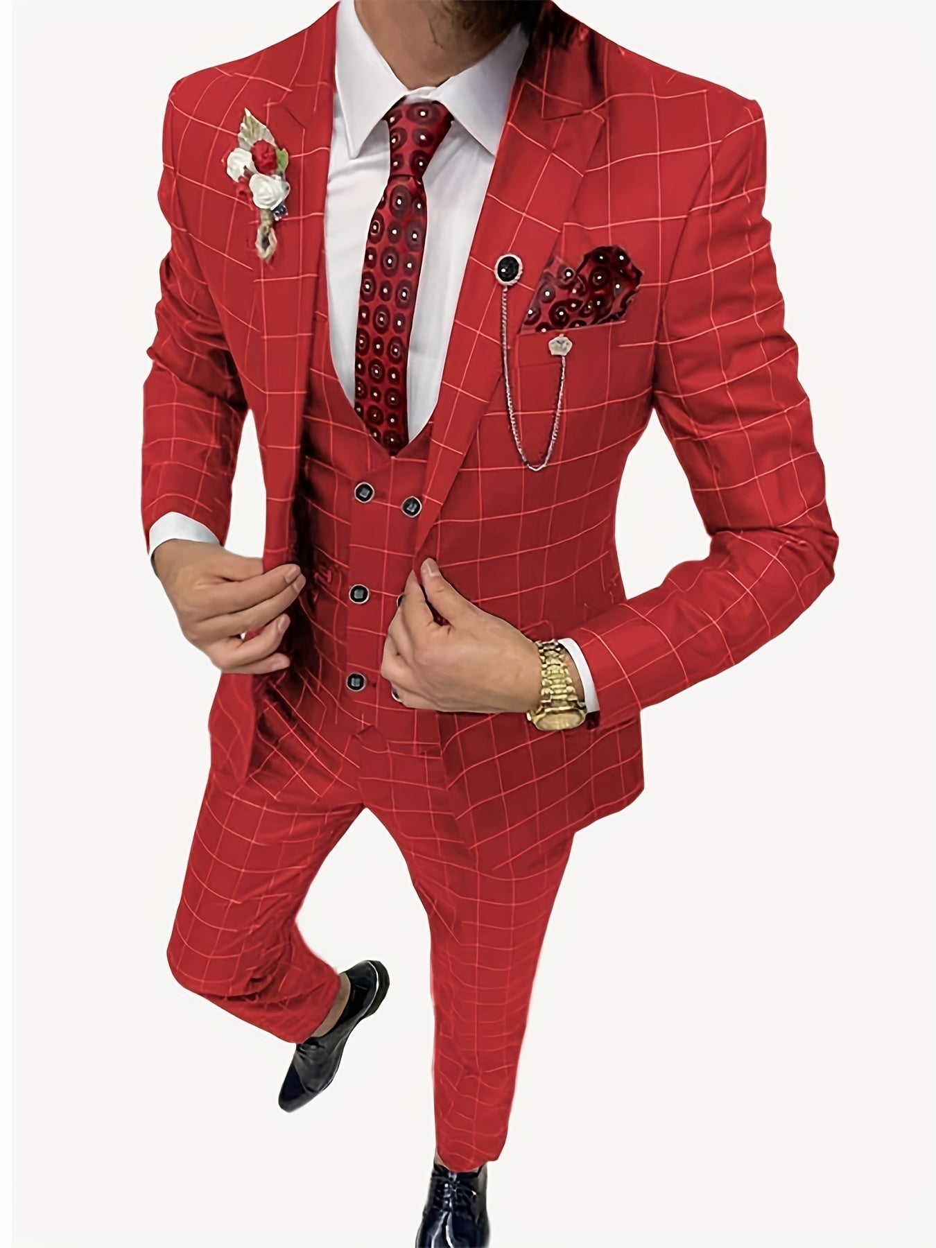 SHOWLU FASHION men's 3-piece slim fit plaid suit with peak lapel tuxedo, featuring tailored jacket, vest, and matching trousers.
