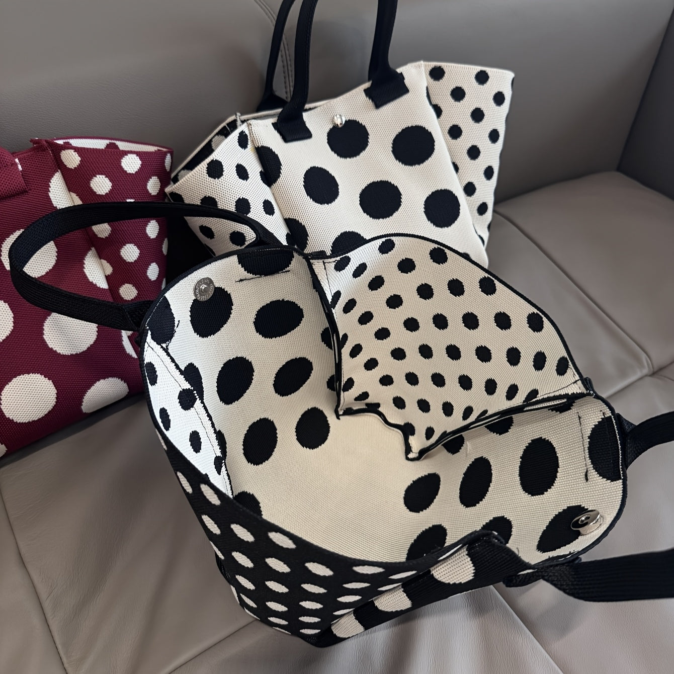 SHOWLU Burgundy Polka Dot Knit Tote Bag showing foldable design, casual style, and spacious interior for everyday use
