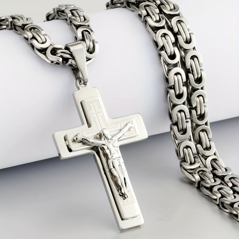 Showlu men's stainless steel trident cross pendant necklace with detailed design and polished finish, hanging on a chain.