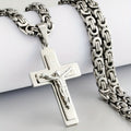 Showlu men's stainless steel trident cross pendant necklace with detailed design and polished finish, hanging on a chain.