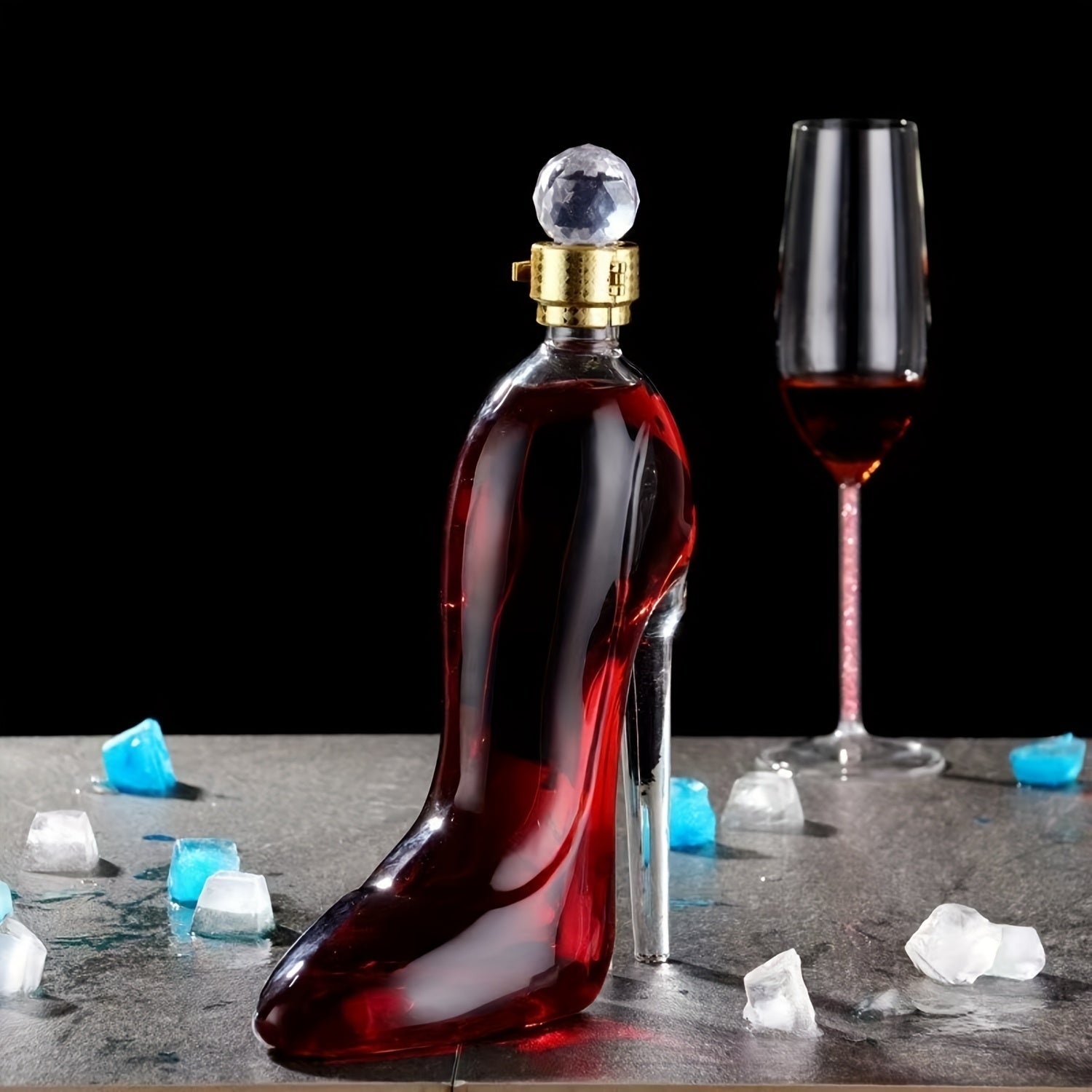 Elegant SHOWLU high heel glass wine dispenser and hanger with 45oz capacity, featuring a stylish high heel design and clear glass construction.