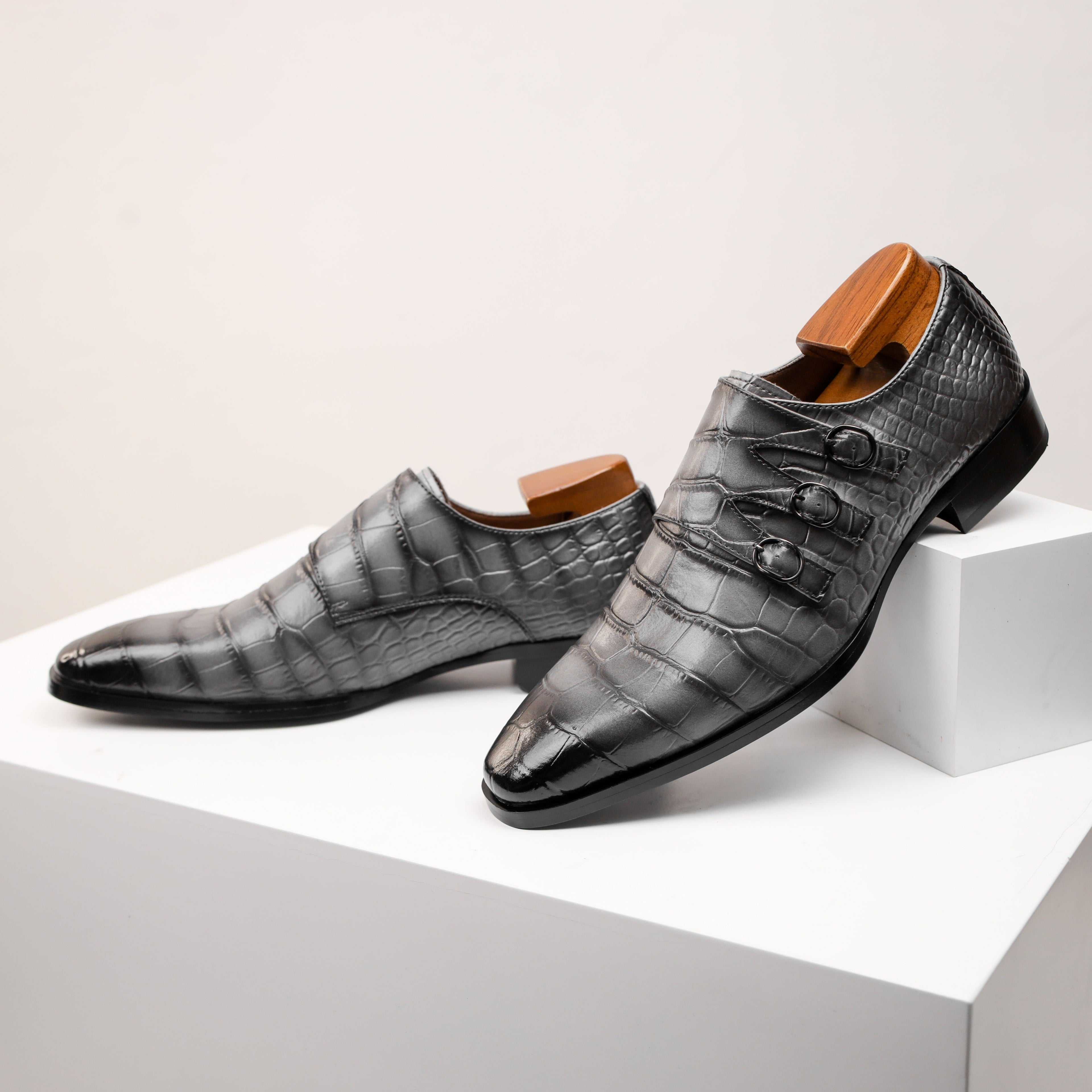 SHOWLU Men's Monk Strap Oxfords in split cow leather with square toe design and classic style, showcasing the elegant footwear.