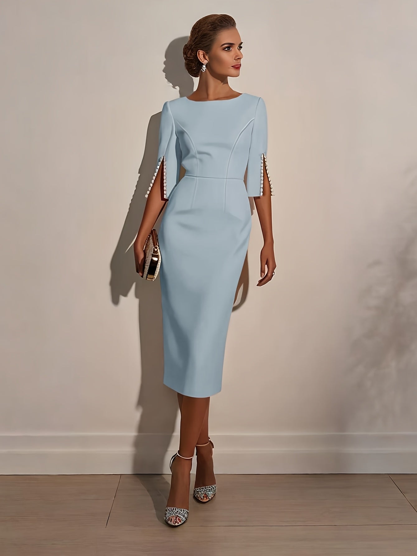 SHOWLU FASHION WOMEN'S Pearl Bodycon Midi Dress, elegant half sleeve gown featuring a fitted silhouette and stylish design.