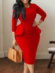 New Women's Solid Color Round Neck Ruffled Edge Round Hip OL Professional Dress