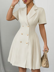 [Elegant Dress] Elegant Women's Office to Party Dress | Structured A-Line Skirt with Double Button Front, Beige, Non-Stretch Formal & Casual Attire for Business, Events - Machine Washable, Fitted Waist Silhouette