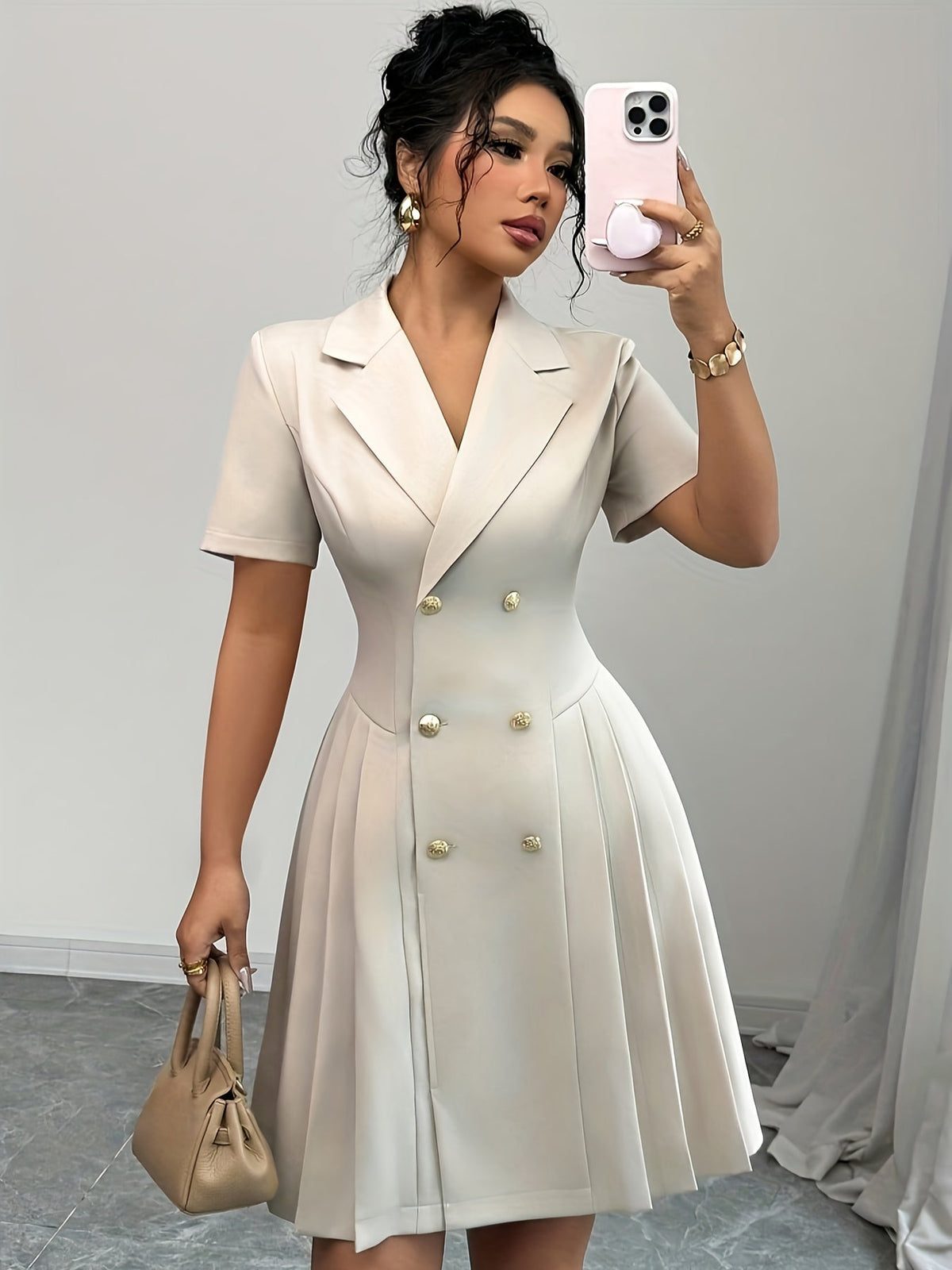 Light beige SHOWLU Women's V-Neck A-Line Dress with asymmetrical hem, displayed on a hanger, showcasing stylish and elegant design.
