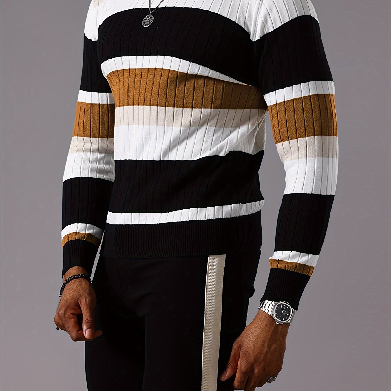SHOWLU Men's striped ribbed knit sweater with long sleeves and crew neck, featuring a stylish pattern and cozy fit.