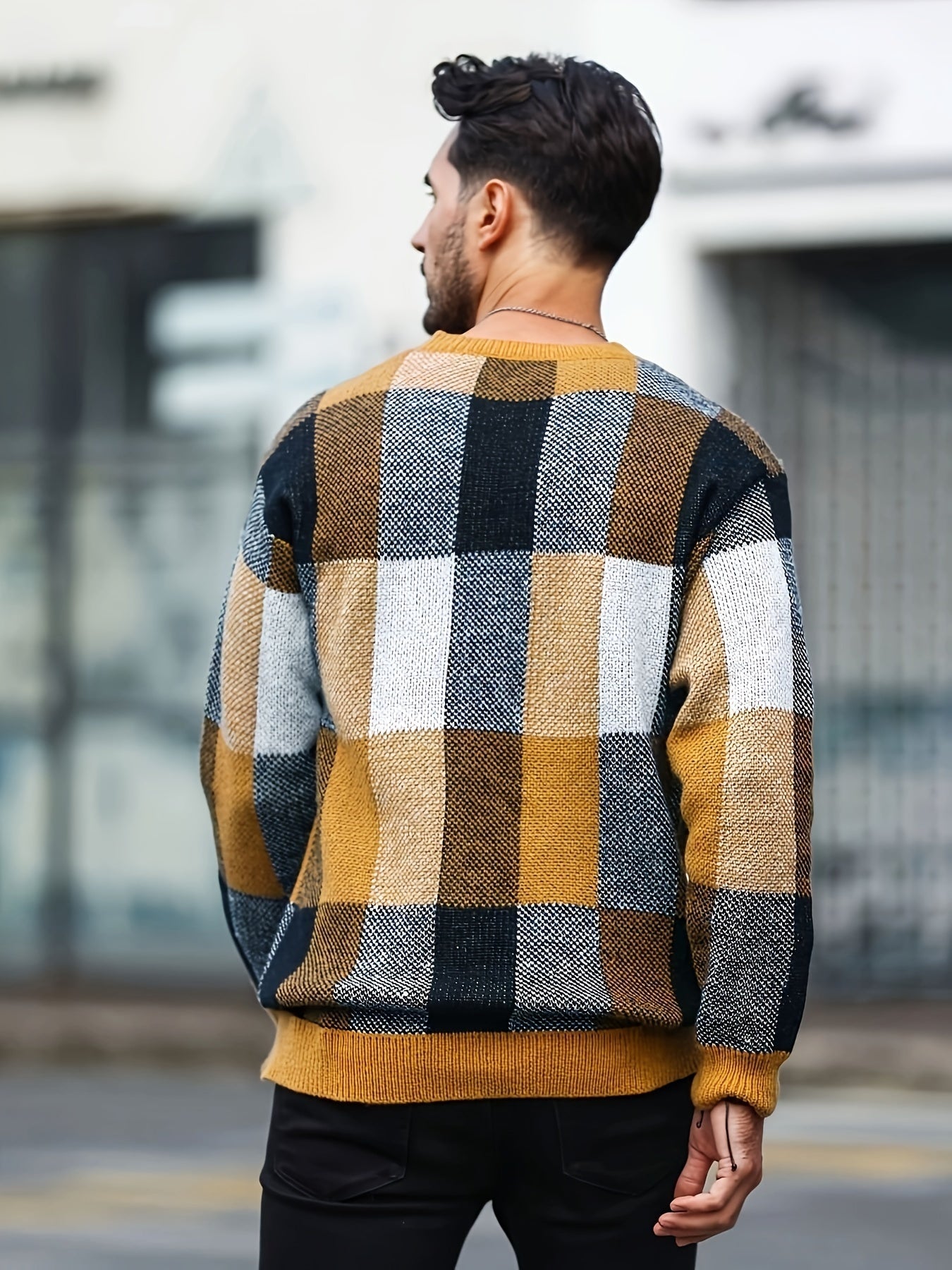 Men's plaid crew neck sweater by SHOWLU Fashion Store, casual viscose knit pullover with a classic plaid pattern.