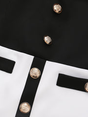 Elegant Two-Piece Set, 2024 New Color Block Polyester Jacket with Button Detail and Skirt, Crew Neck Long Sleeve Placket Design, Spring/Fall Fashion Outfit