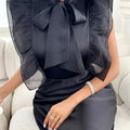 SHOWLU FASHION women's black batwing sleeve blouse with lace trim and stand collar, stylish and elegant top for casual or office wear.