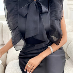 [Black Elegant Blouse] Elegant Black Women's Batwing Sleeve Blouse | Loose Fit, Stand-Up Collar, Lace Trim, Machine Washable, Solid Color, Casual Elegance, Formal Attire, Twisted Front Design, Sophisticated Style, Nontranspar