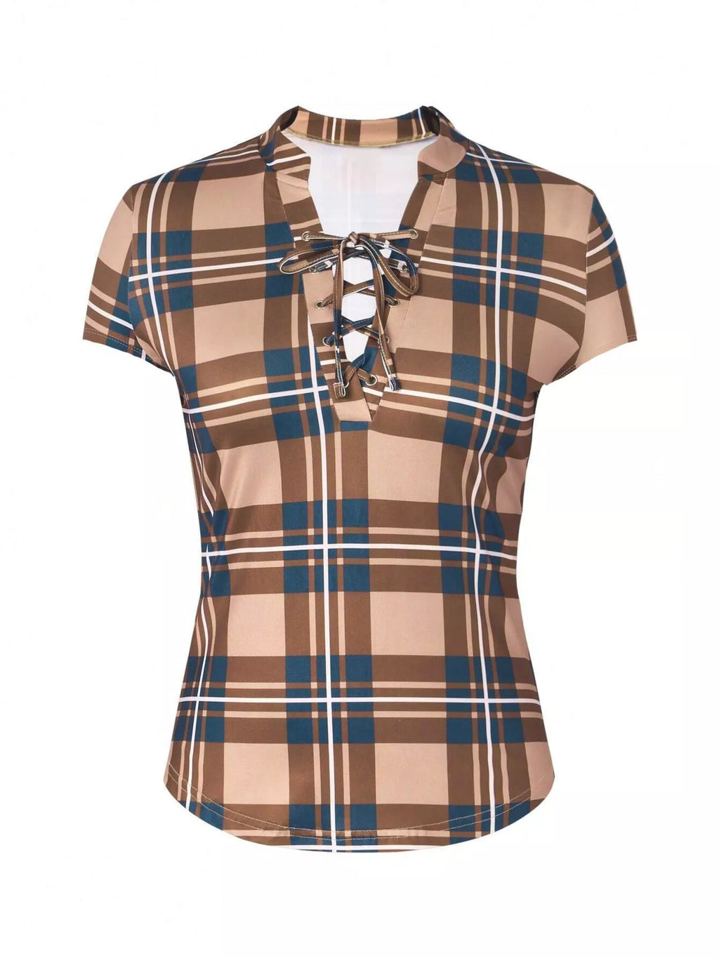 Plaid lace-up short sleeve blouse from Trendsi, featuring a stylish design with a lace-up front and casual plaid pattern.