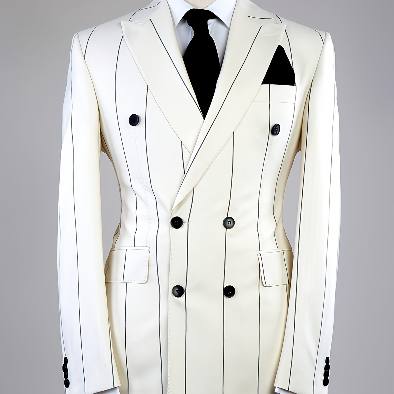 Men's SHOWLU double-breasted stripe suit jacket in polyester, regular fit, featuring classic design and stylish lapels.