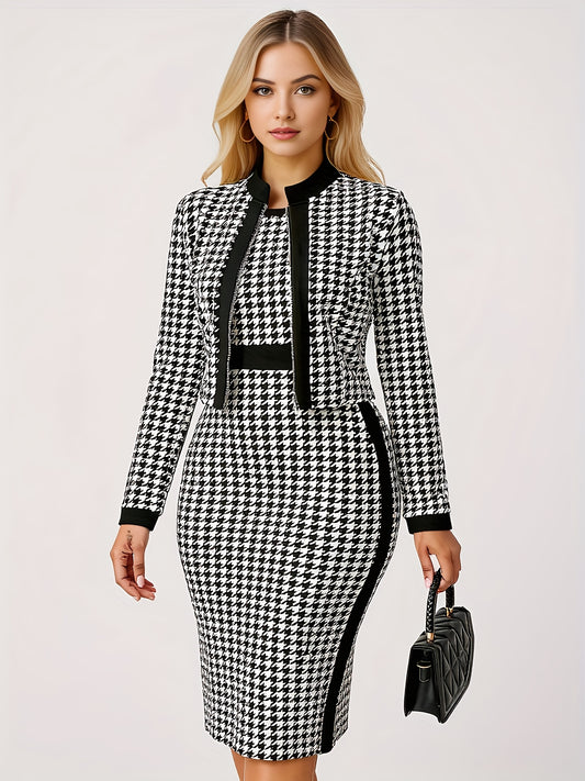 Two Piece Set Of Women's Houndstooth Zipper And Casual Houndstooth Jacket. Round Neck