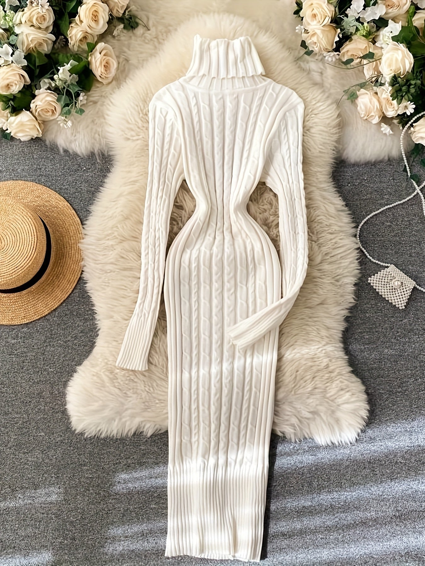 Women's high-neck ribbed knit long sleeve sweater dress by SHOWLU FASHION, featuring a fitted silhouette and cozy texture.