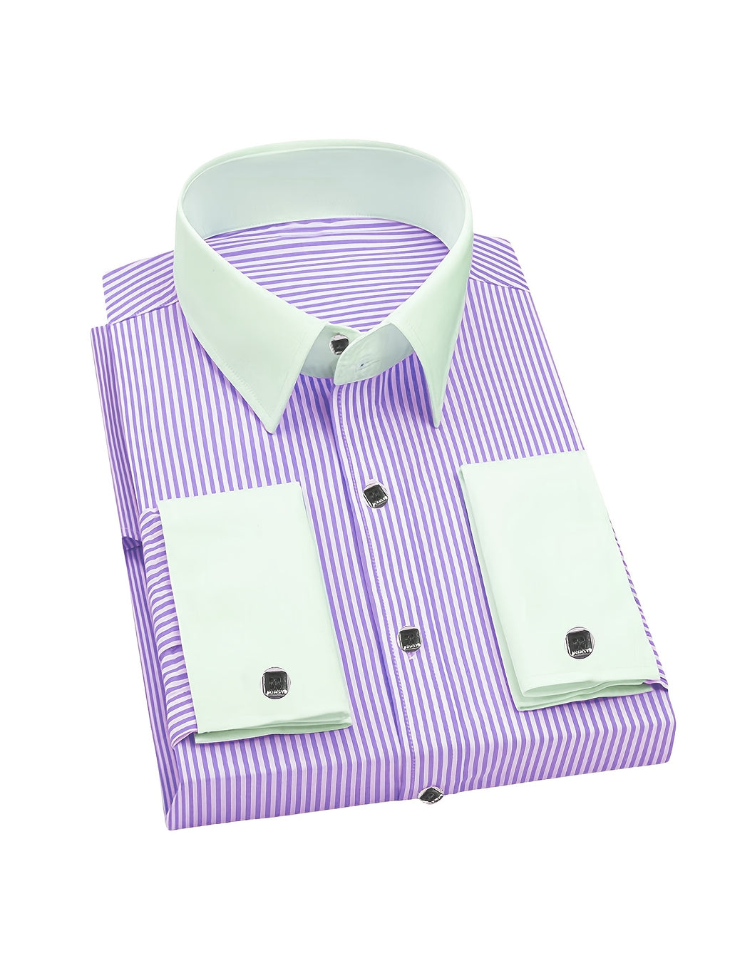 Showlu men's slim fit striped formal shirt with French cuffs, made of polyester, displayed on a hanger.