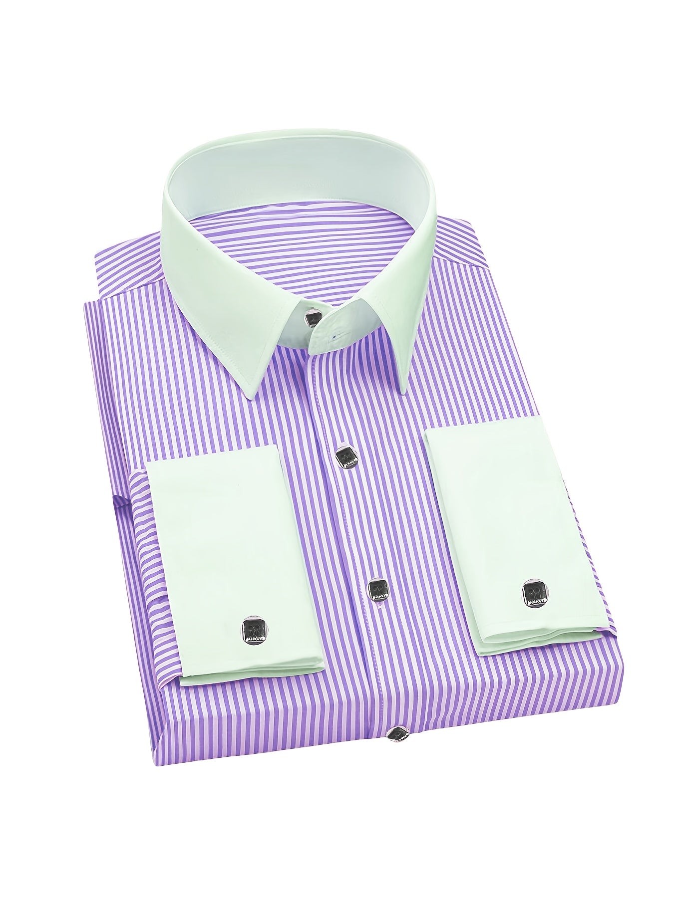 Showlu men's slim fit striped formal shirt with French cuffs, made of polyester, displayed on a hanger.