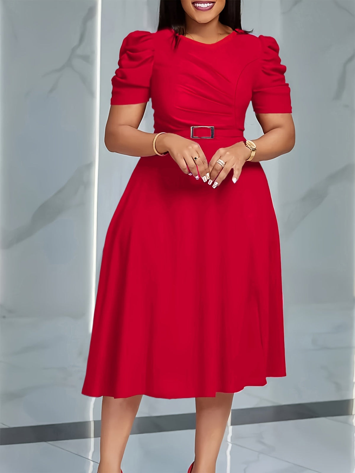 Red SHOWLU Women's V-Neck Ruffle Hem A-Line Polyester Dress hanging on a mannequin.