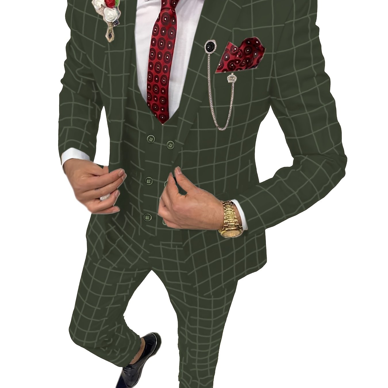 SHOWLU FASHION men's 3-piece slim fit plaid suit with peak lapel tuxedo, featuring jacket, vest, and trousers.