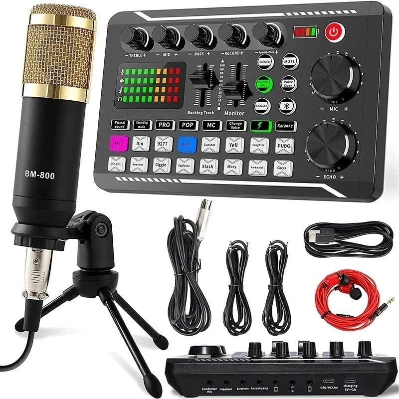 VeGue F998 professional sound card with wireless microphone kit for PC, suitable for streaming, karaoke, and live singing.