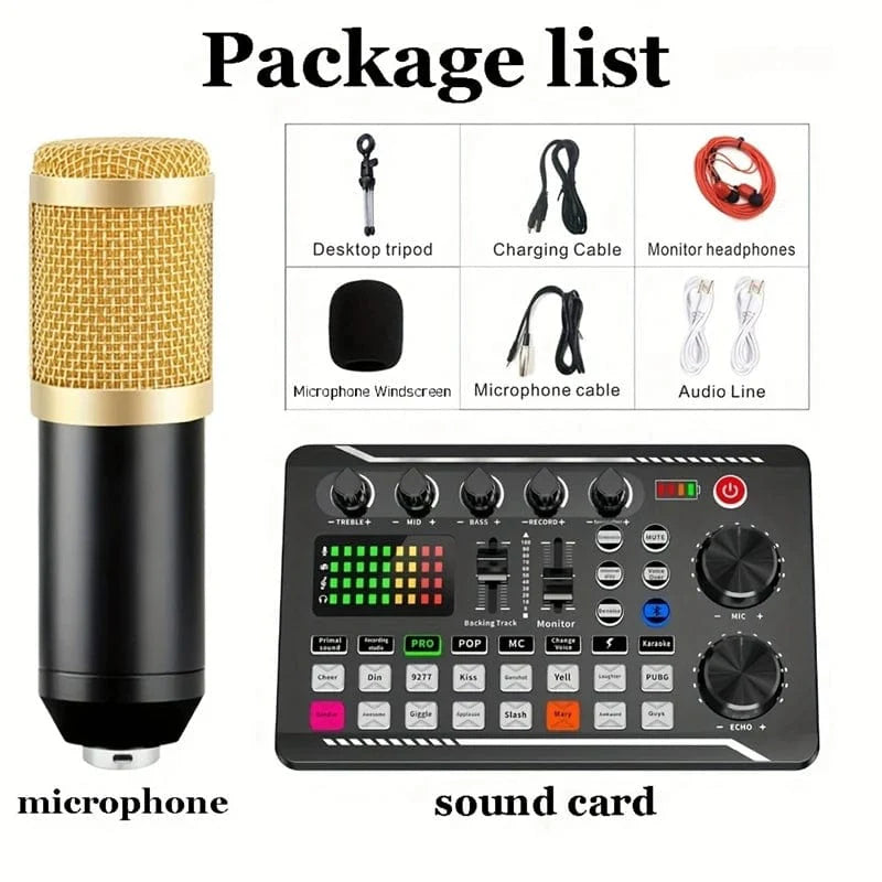 SHOWLU FASHION STORE VeGue F998 professional sound card and wireless microphone kit for PC, ideal for karaoke, live singing, and gaming.