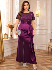 P54328A Elegant Plus Size Lace Satin Sequin Bridesmaid Dress, Round Neck, Short Sleeves, Ruffled Mermaid Hem, Perfect For Weddings, Parties, Formal Events