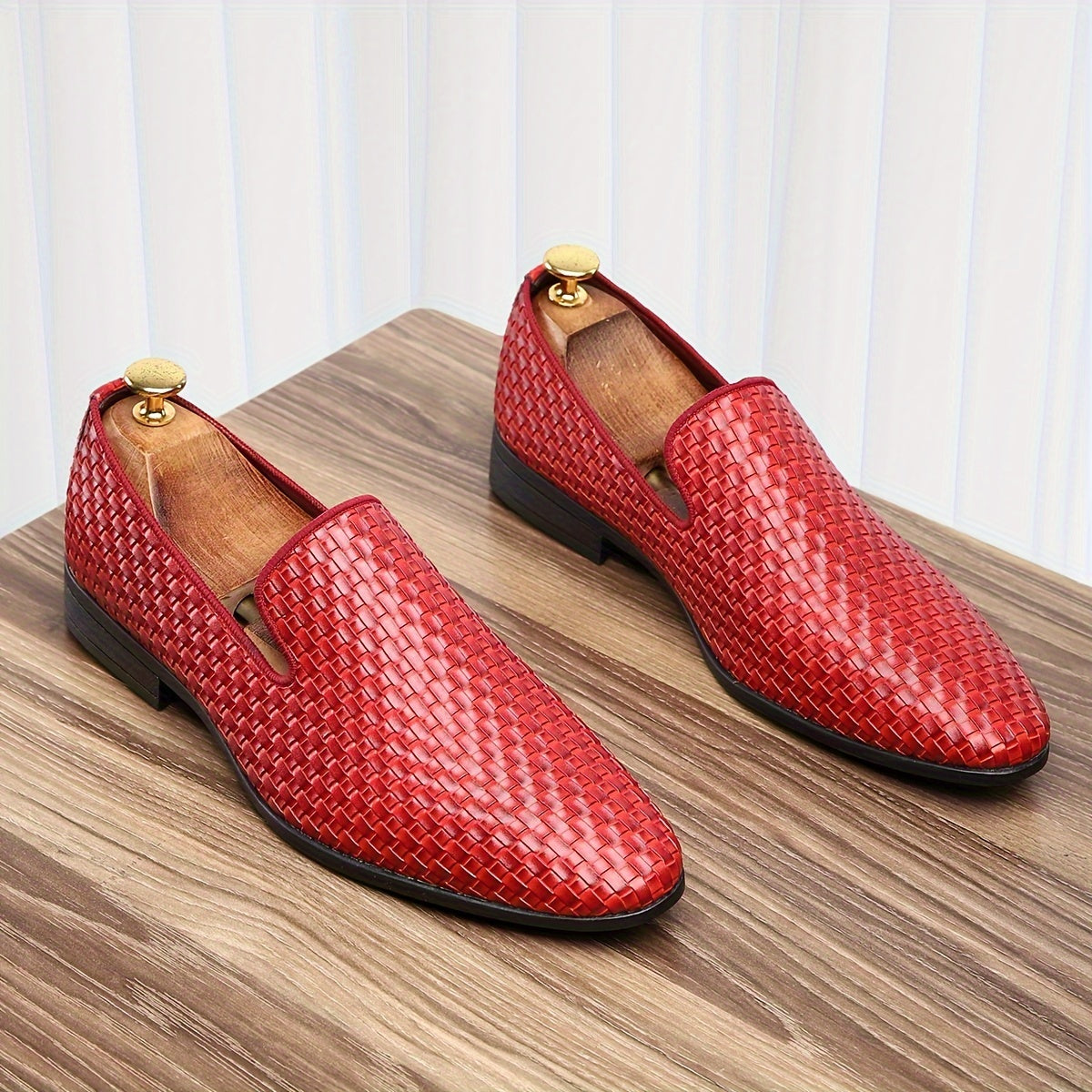 Men's black and gold woven PU loafers by SHOWLU, stylish driving shoes with comfortable design and slip-on style.