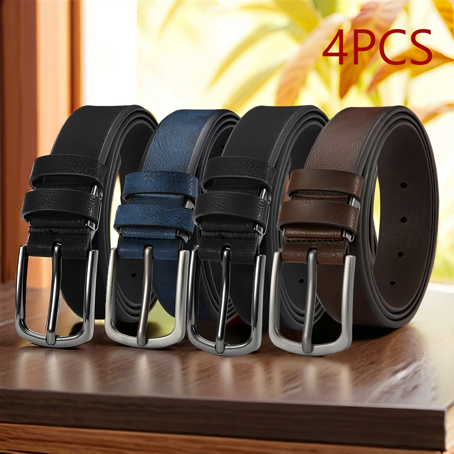 SHOWLU Men's genuine leather belts in a 4-pack, vintage big and tall straps, featuring classic buckle designs and textured finishes.