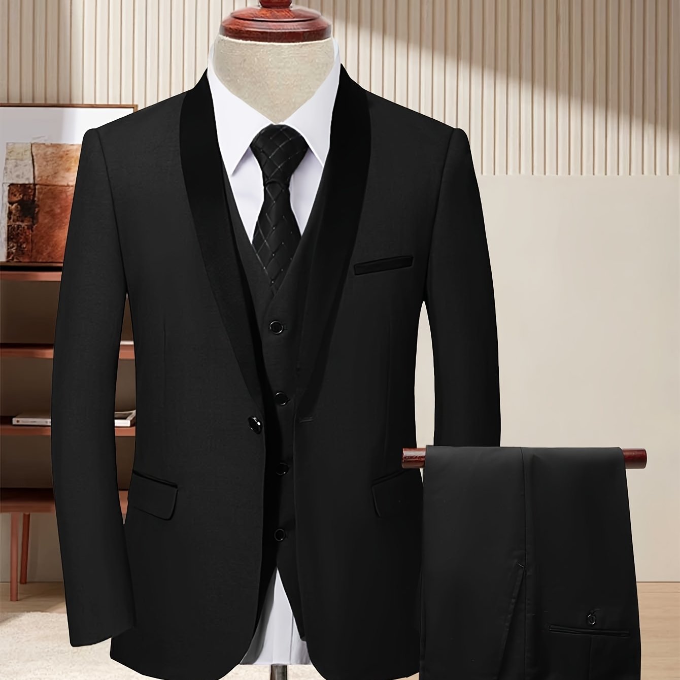 LIVEZOU Men's 3-Piece Slim Fit Wedding Suit with shawl collar tuxedo set, showing jacket, vest, and trousers in classic black fabric