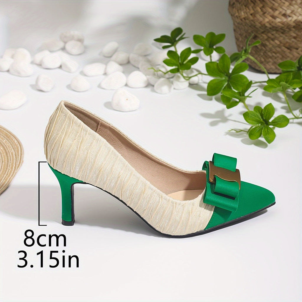 SHOWLU FASHION pointed toe bow high heels in color block design, featuring a sleek silhouette and stylish details.