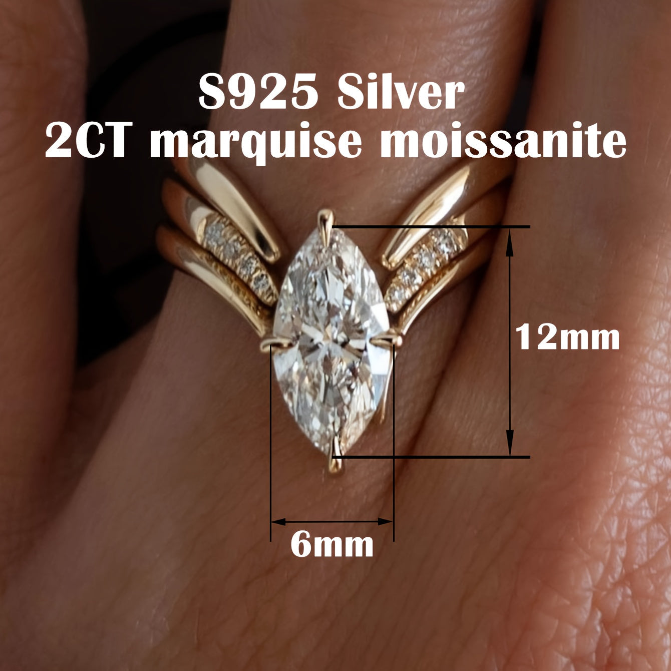 Showlu Fashion 2CT Marquise Moissanite ring in 18K gold plated S925 silver, featuring a sparkling marquise-cut stone.