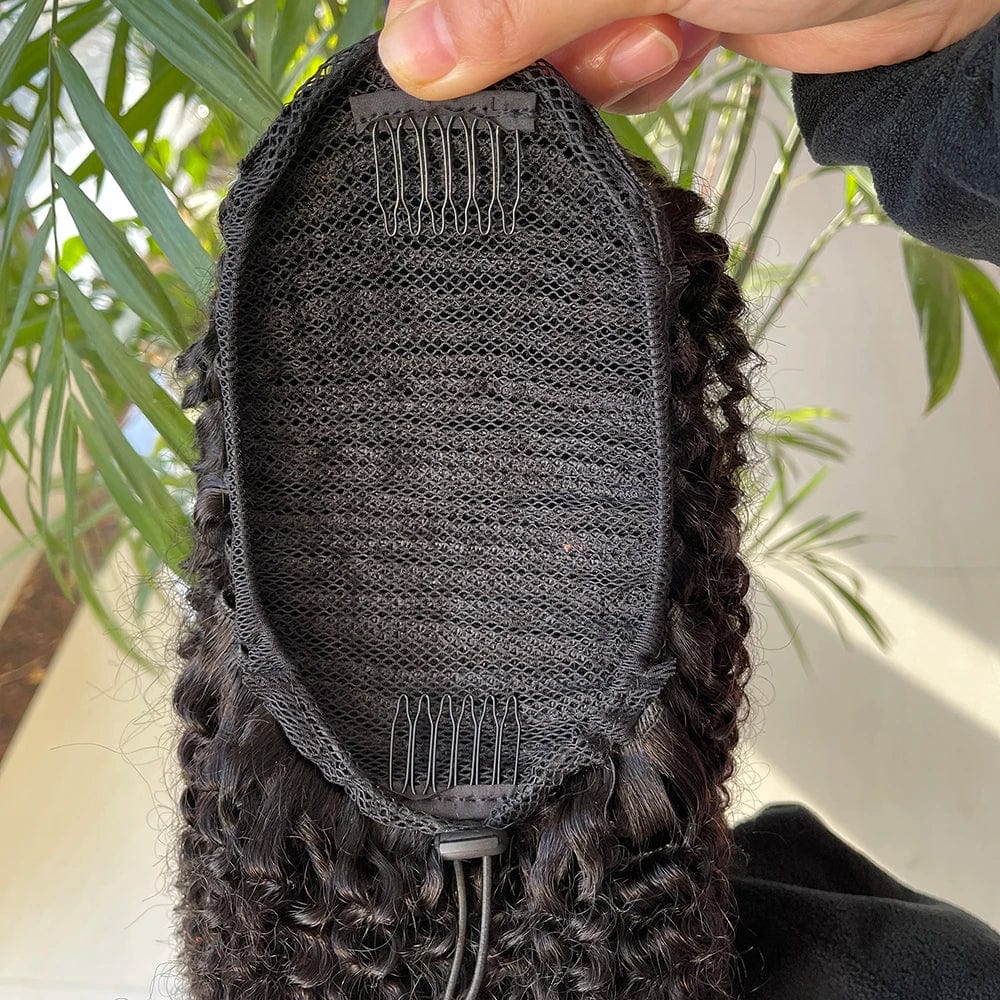 Malaysian Afro Kinky Ponytail extension for women, showing 100% human hair with a kinky Afro texture in a sleek ponytail style.