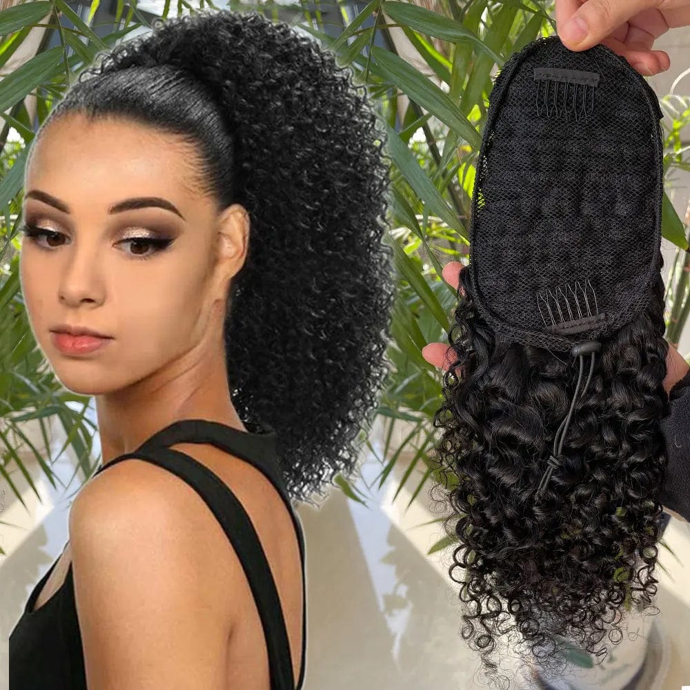 Malaysian Afro Kinky Ponytail extension for women, shown in black, 100% human hair with a sleek, natural texture and secure attachment.