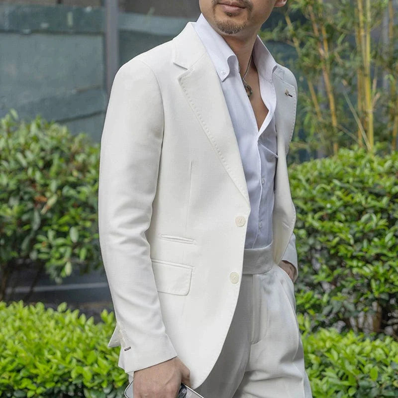 Men's white two-piece suit set by Showlu Fashion, slim fit tuxedo for formal and business occasions with a stylish, tailored look.